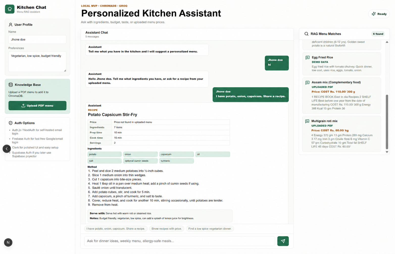 Kitchen Chat dashboard